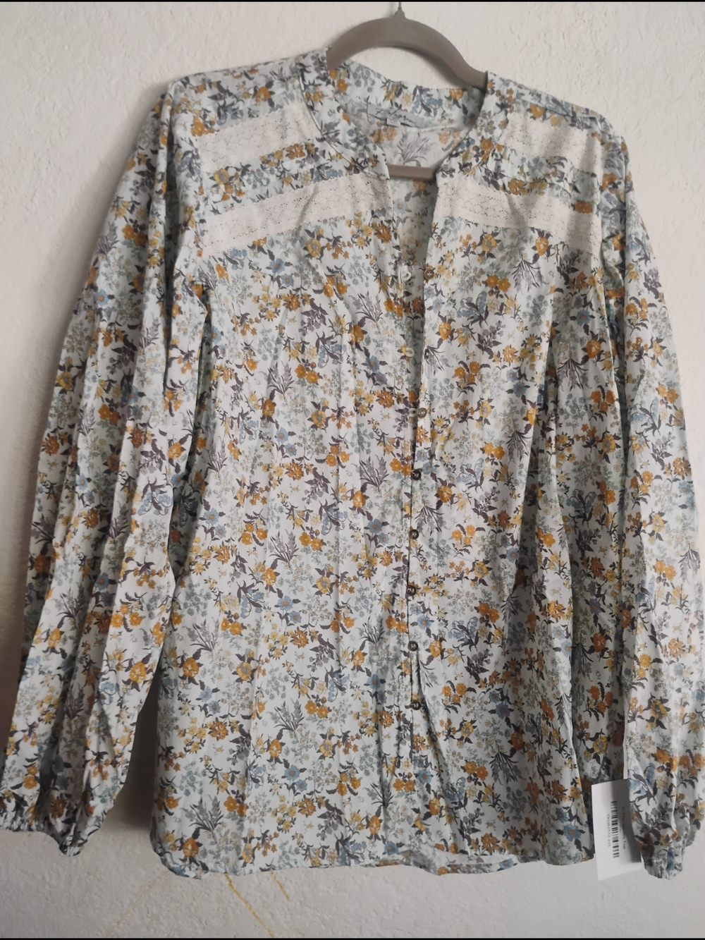 Polagram White Button-Up Blouse with Yellow & Gray Floral